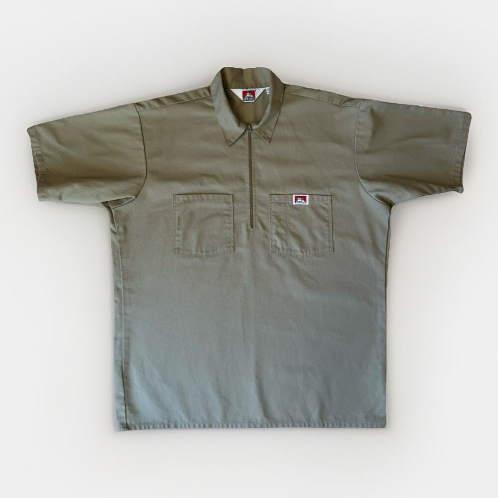 Vintage Ben Davis 1/2 Zip Work Shirt Large Khaki 90s Made in USA Skater Baggy